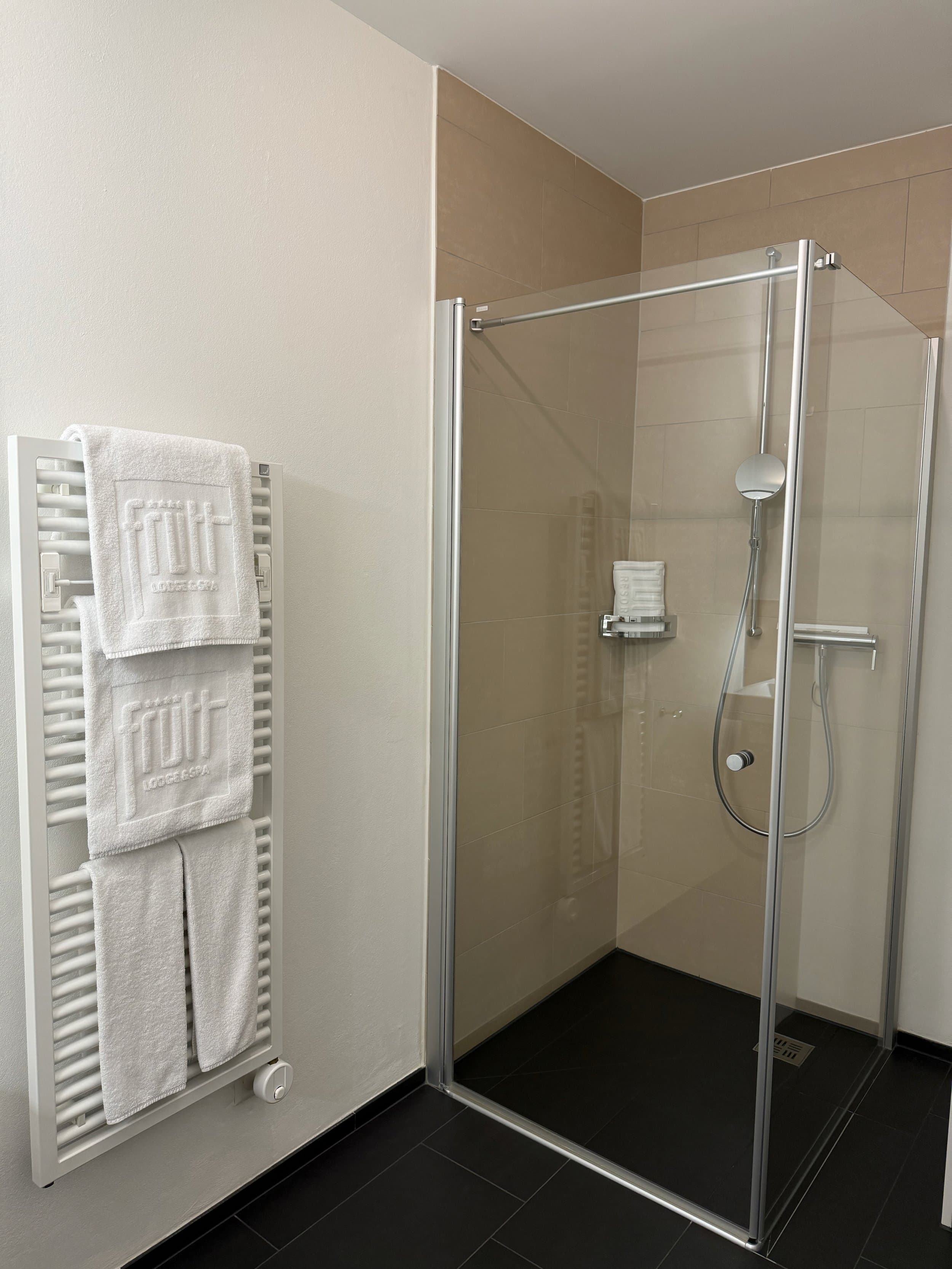 Dusche mit Glaswand und Handtuchheizung